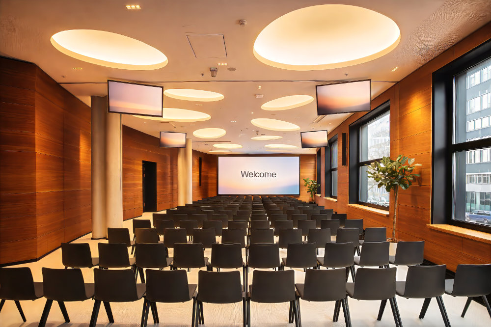 Konferenz- und Tagungsraum mit Reihenbestuhlung und großer Leinwand – Architekturfotografie Veranstaltungsraum