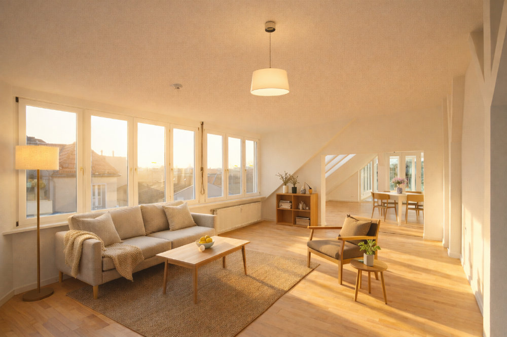 Offener Wohnbereich im Loft mit Sofa, Esstisch und Dachschrägen – professionelle Architekturfotografie